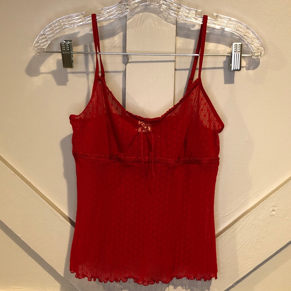 Y2K 90s Red Camisole Babydoll Cami Tank Top Spaghetti Bow Lettuce Hem Sheer